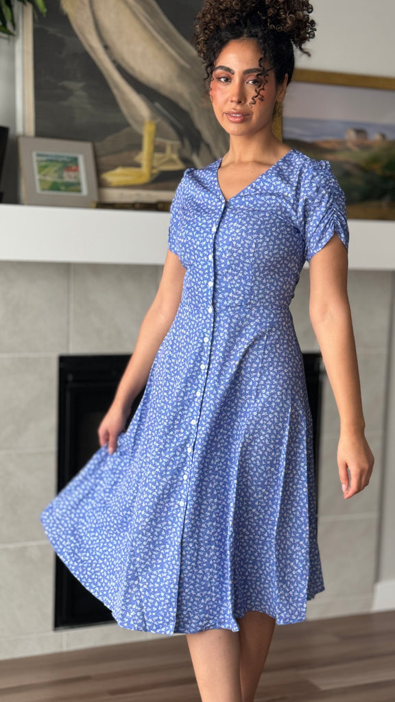 Woman in blue modest dress