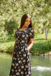 Espinela Dress in Floral Noir | Ribbed Black Floral Midi-Dress