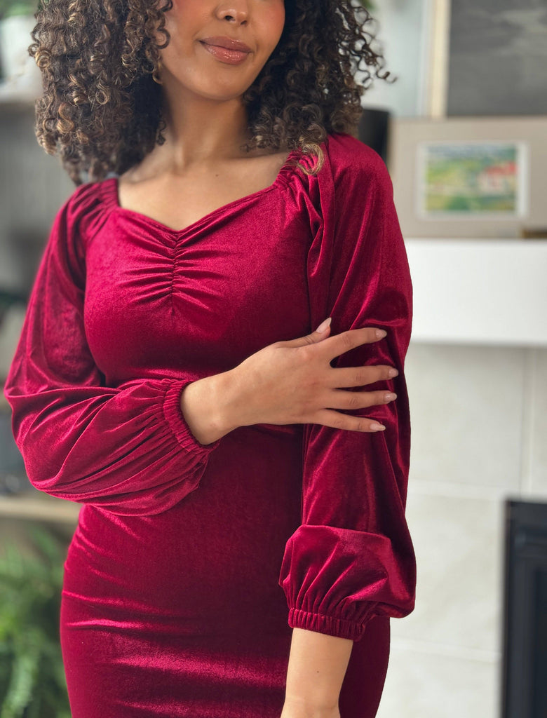 Nonet Dress in Red Wine | Bishop Sleeves Dress - Poet Dresses