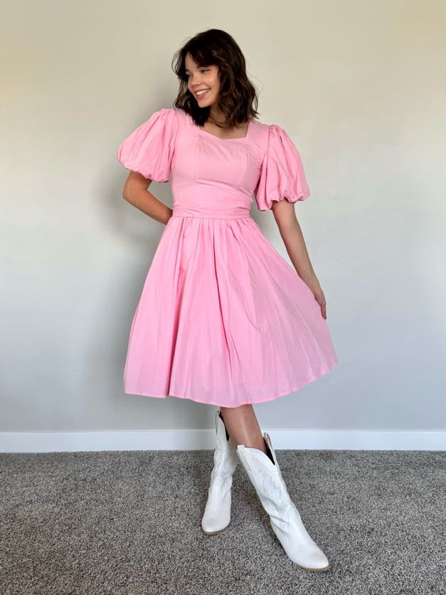 Modest pink birthday dress in babydoll style