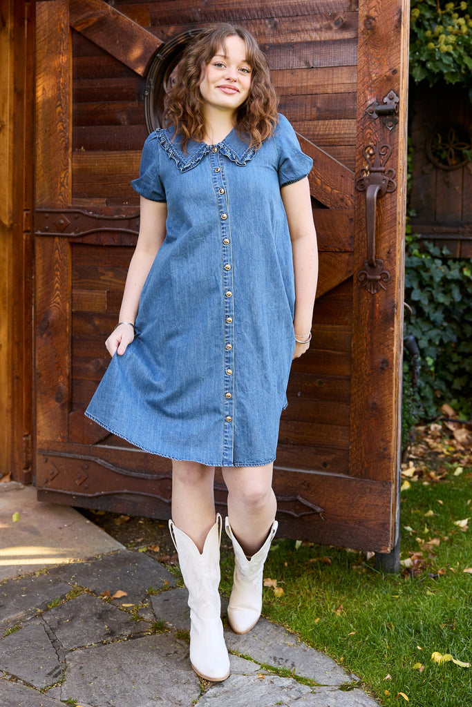 Woman in a denim dress and white boots standing in front of a wooden door - blue denim midi button down collared casual summer everyday jean picnic outfit modest