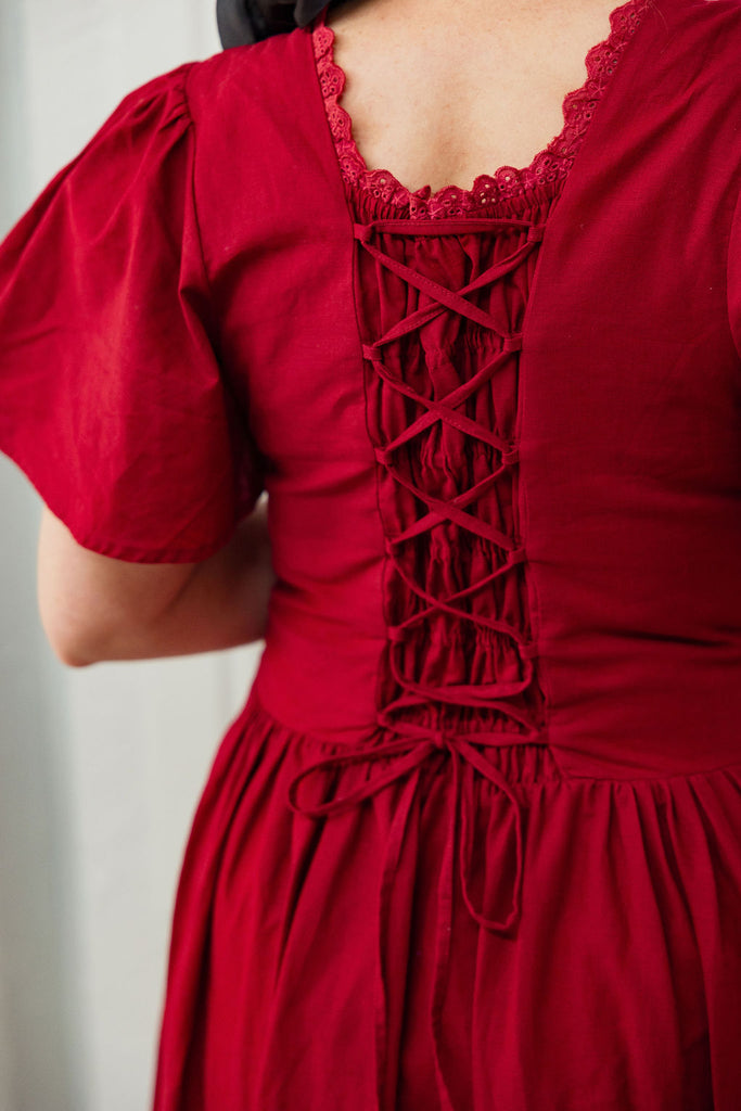 Red linen dress corset back