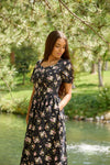 Espinela Dress in Floral Noir | Ribbed Black Floral Midi-Dress