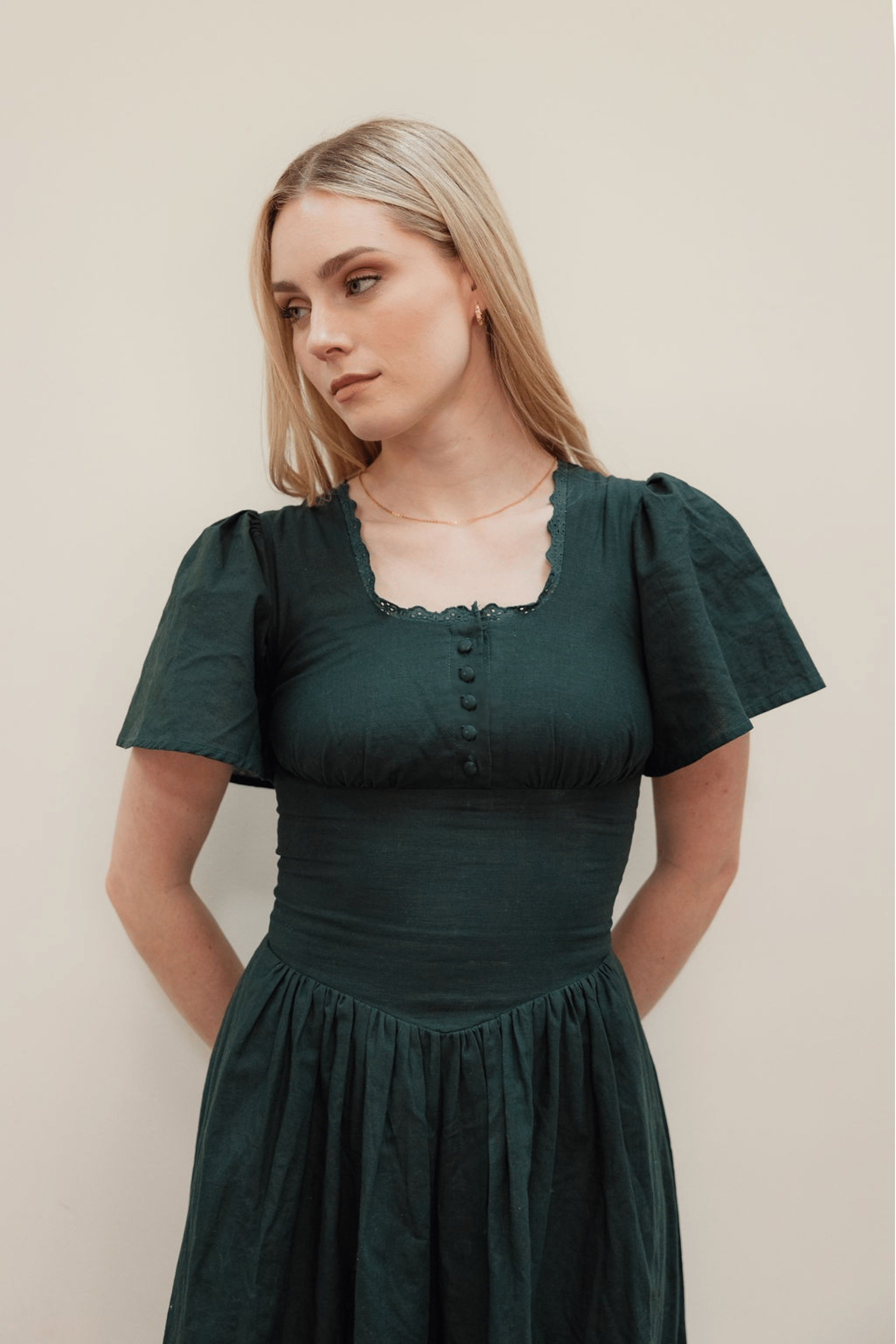 knee length dresses for ladies Green Cotton-Linen Dress | Comfy, Flattering, and Shapely