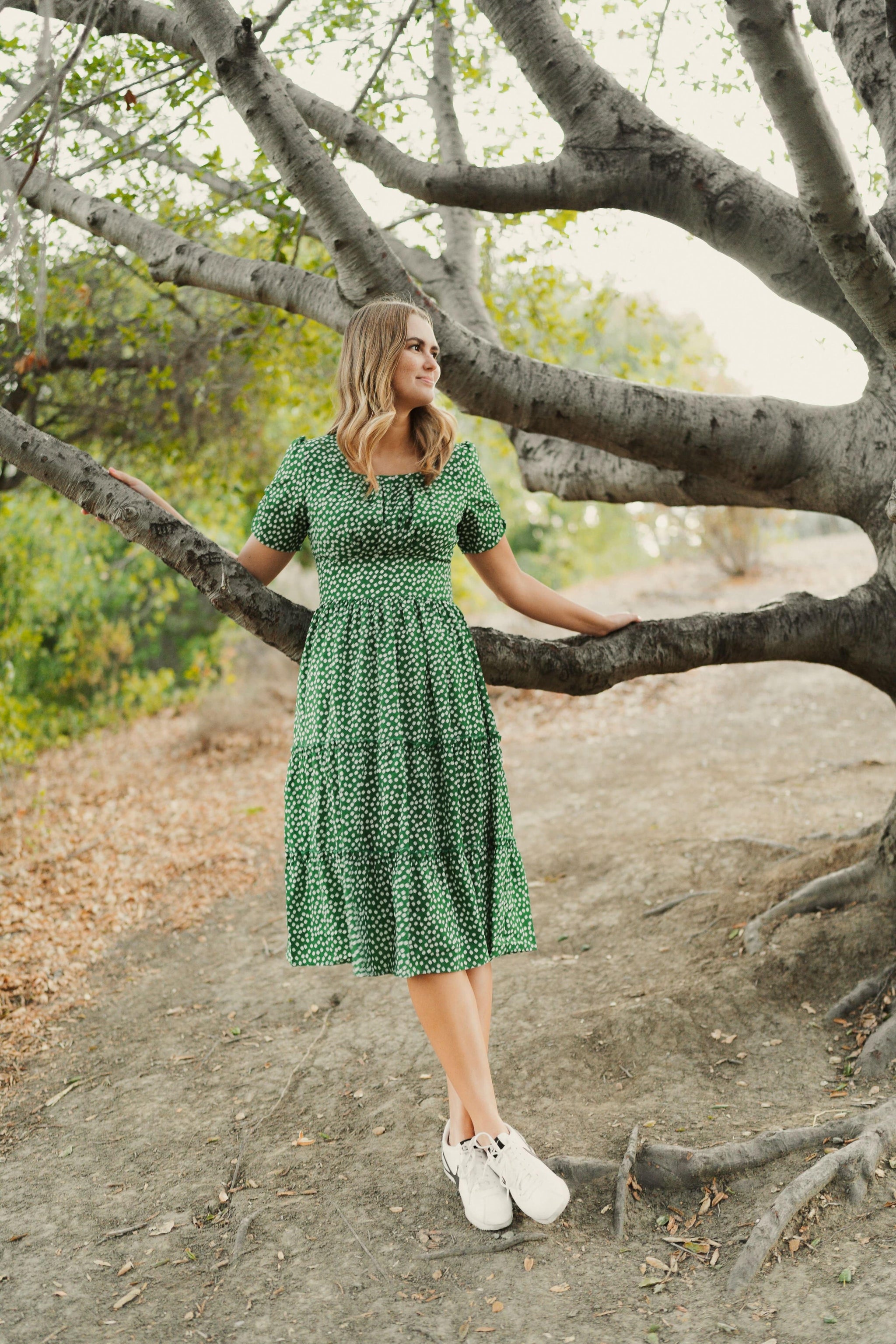 Green Midi Dress | Flowy, Square Neckline | White Flower Detailing – Poet  Dresses