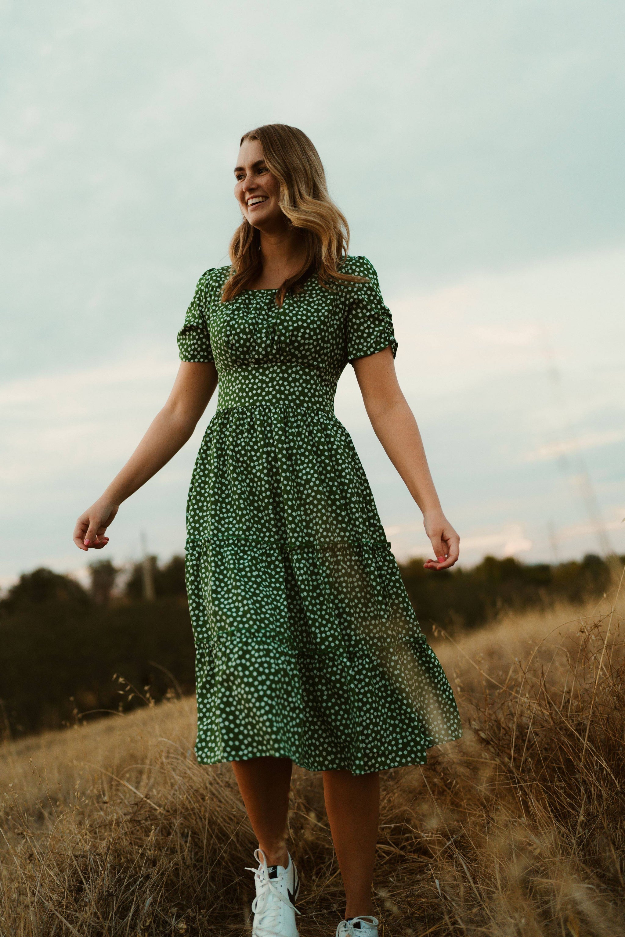 Green Midi Dress | Flowy, Square Neckline | White Flower Detailing XXL Green Midi Dress | Flowy, Square Neckline | White Flower Detailing XXL