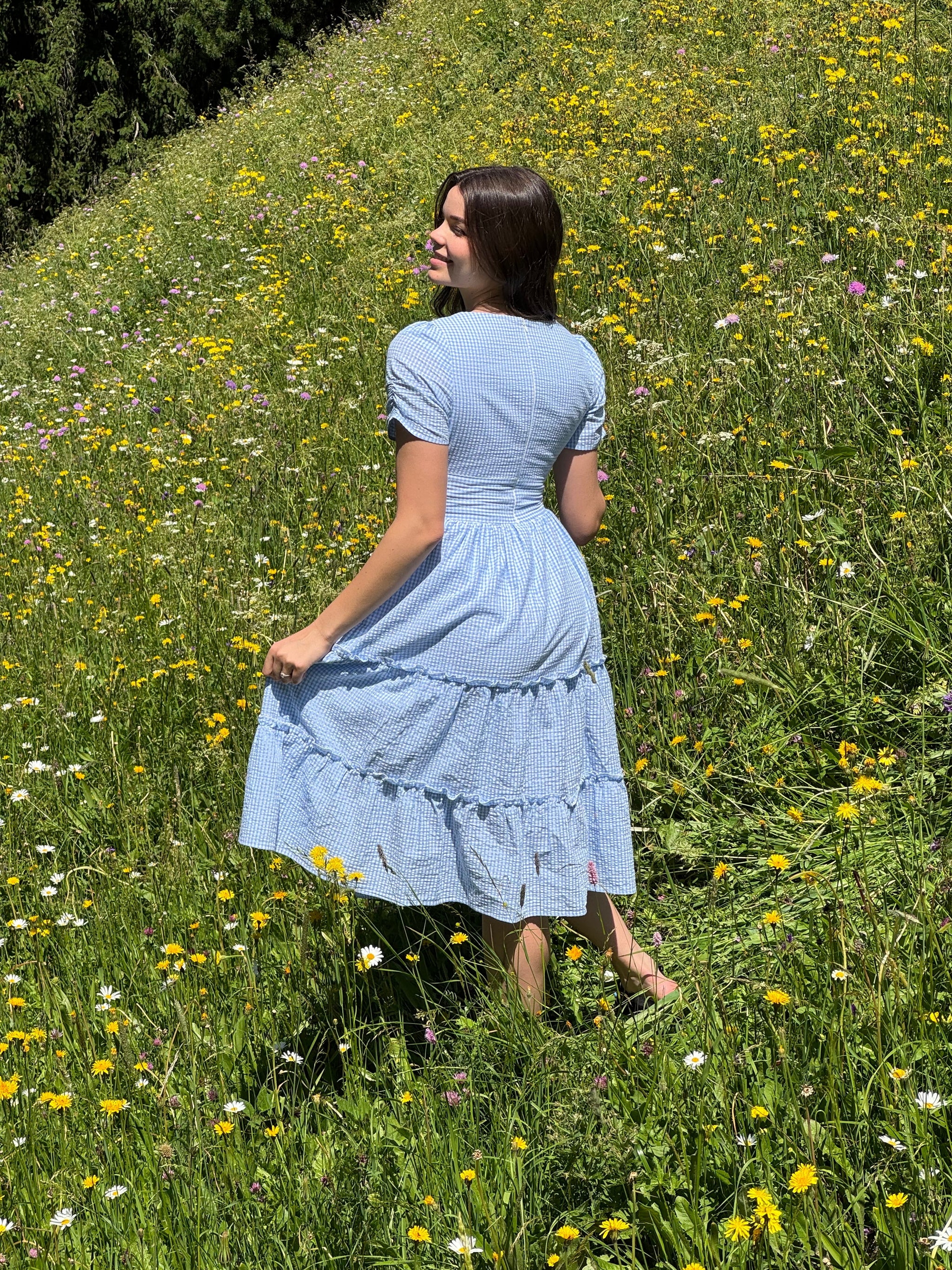 Sky Blue Midi Dress | Flowy, Square Neckline | Gingham Pattern Poet Dresses Sky Blue Midi Dress | Flowy, Square Neckline | Gingham Pattern Poet Dresses
