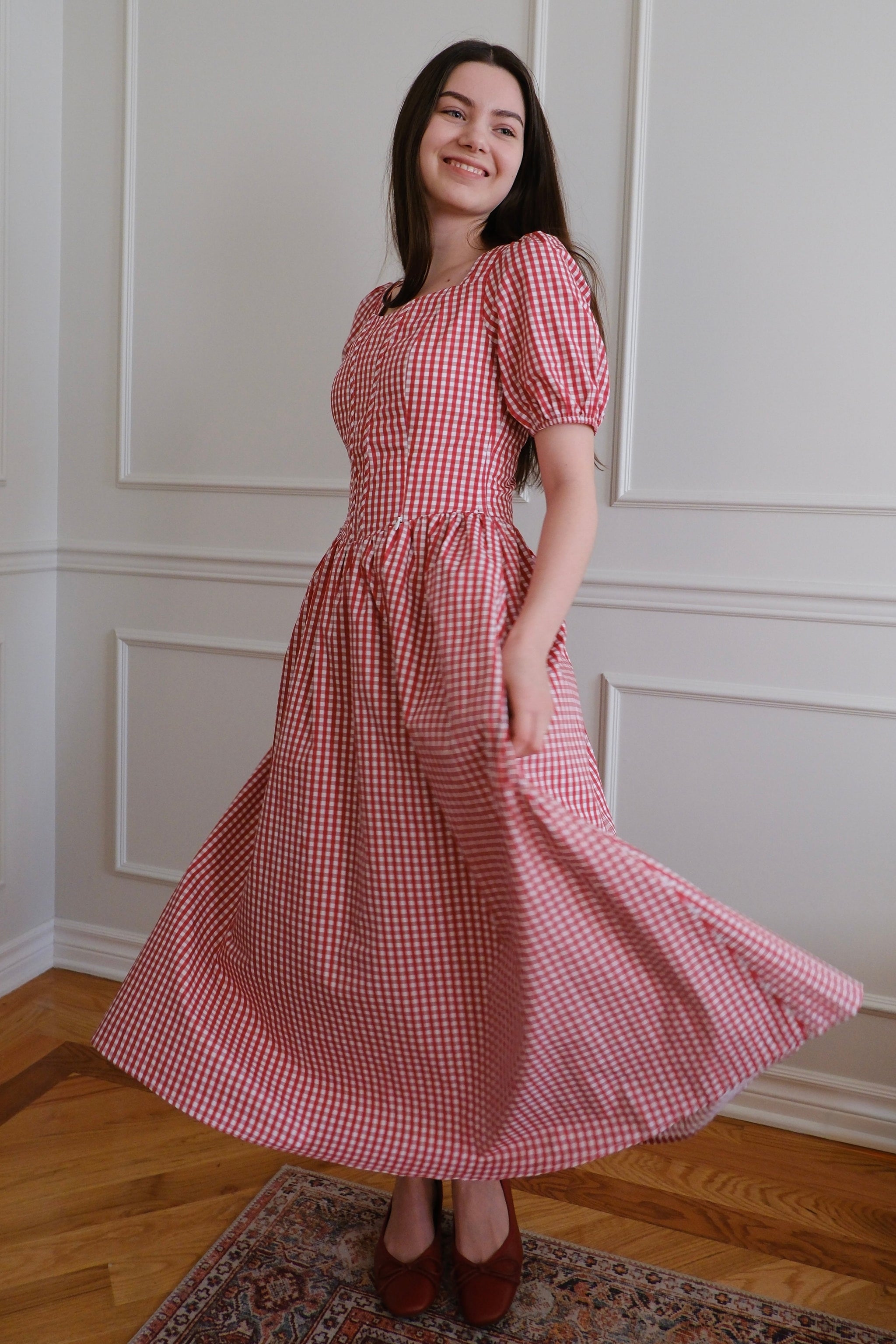 Espinela Dress in Cherry Gingham | Ribbed Red Midi-Dress 3XL Espinela Dress in Cherry Gingham | Ribbed Red Midi-Dress 3XL