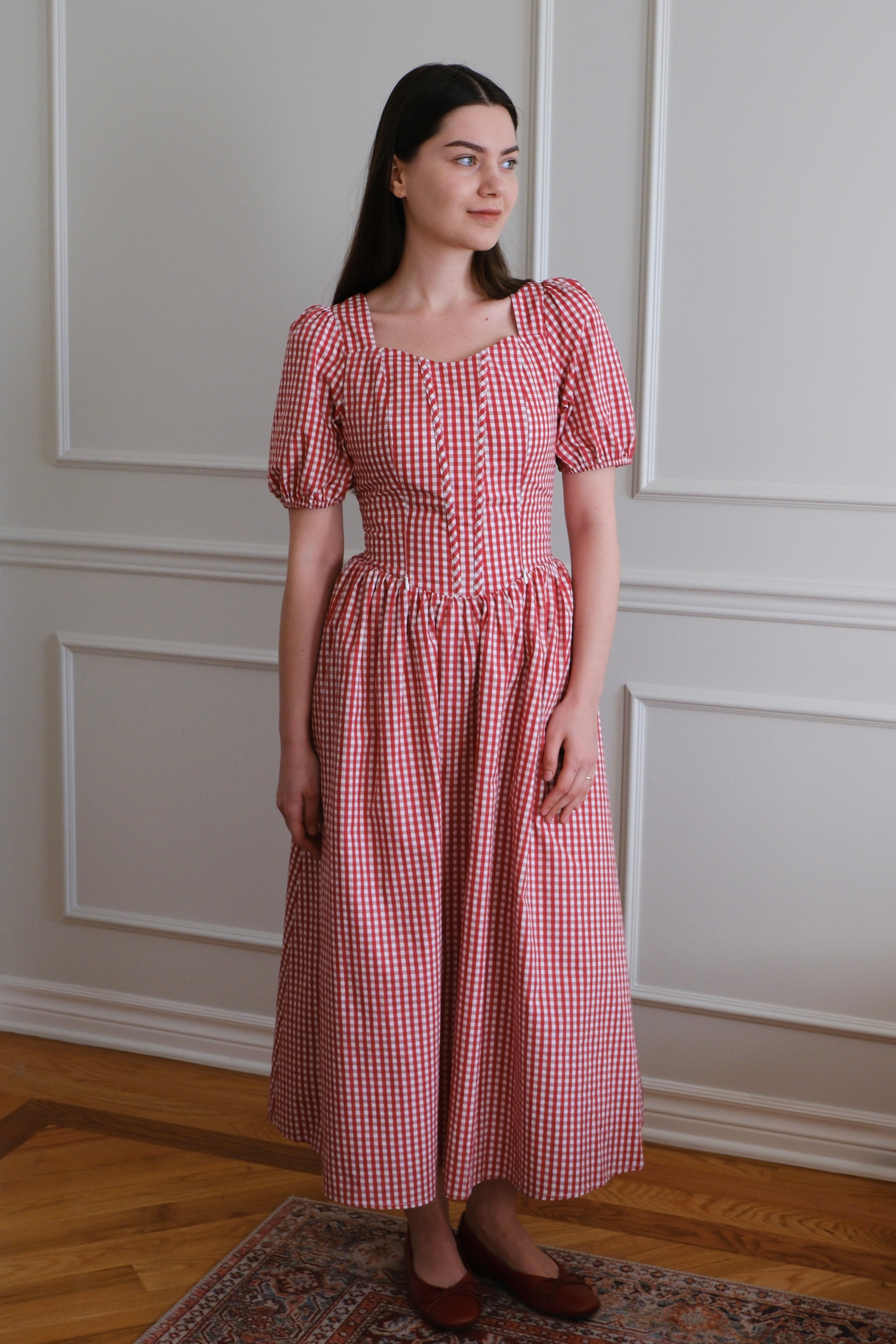 Espinela Dress in Cherry Gingham | Ribbed Red Midi-Dress 3XL Espinela Dress in Cherry Gingham | Ribbed Red Midi-Dress 3XL