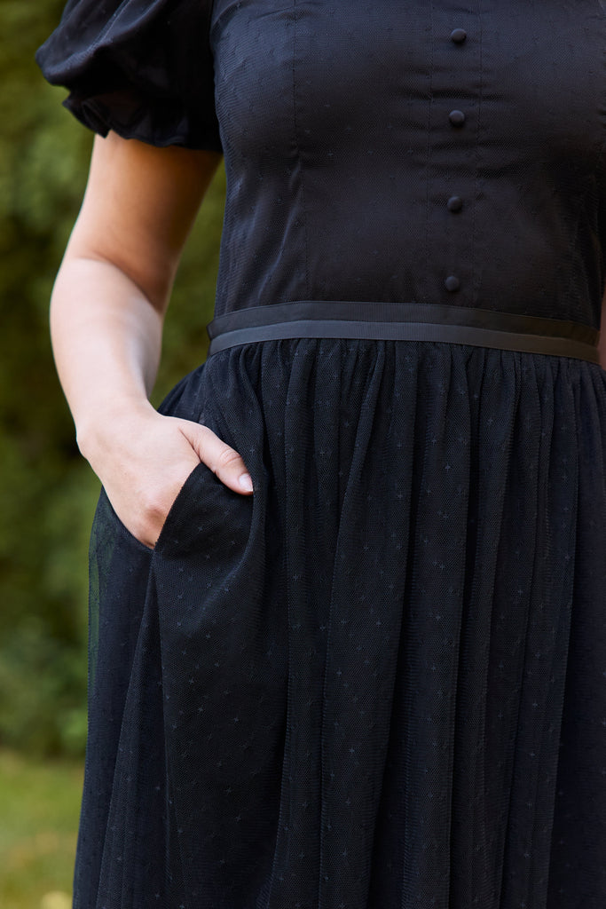 PREORDER Triolet Dress in Noir | Black Tulle Midi Dress - Poet Dresses