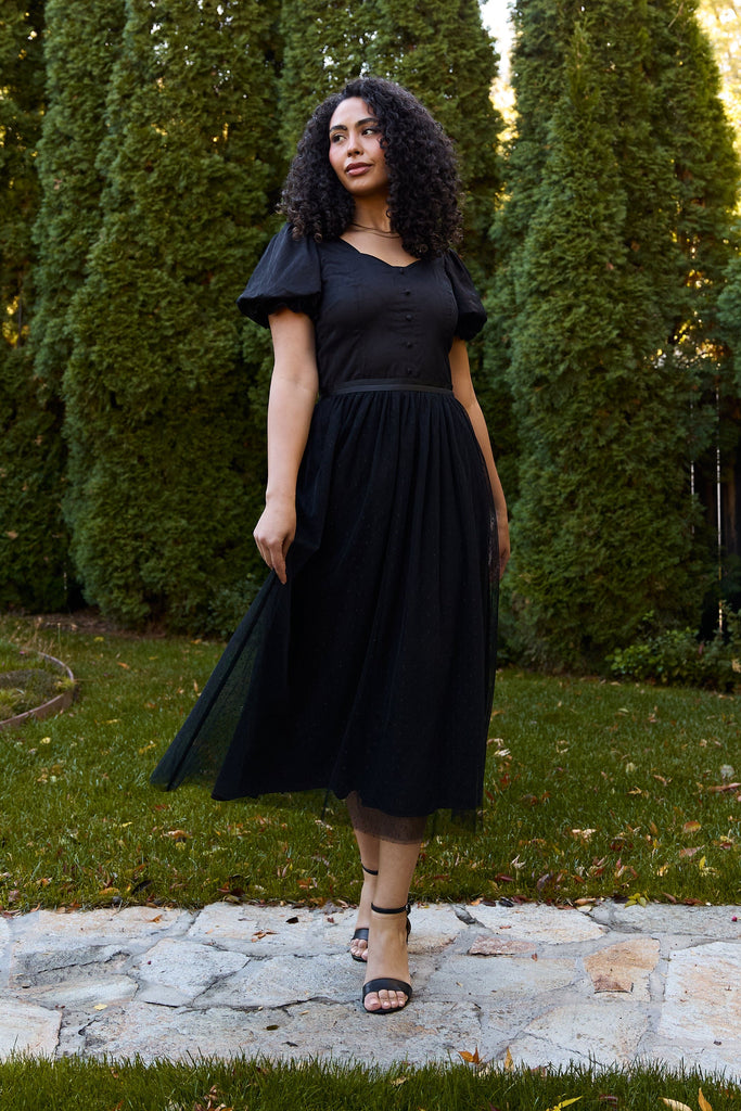PREORDER Triolet Dress in Noir | Black Tulle Midi Dress - Poet Dresses
