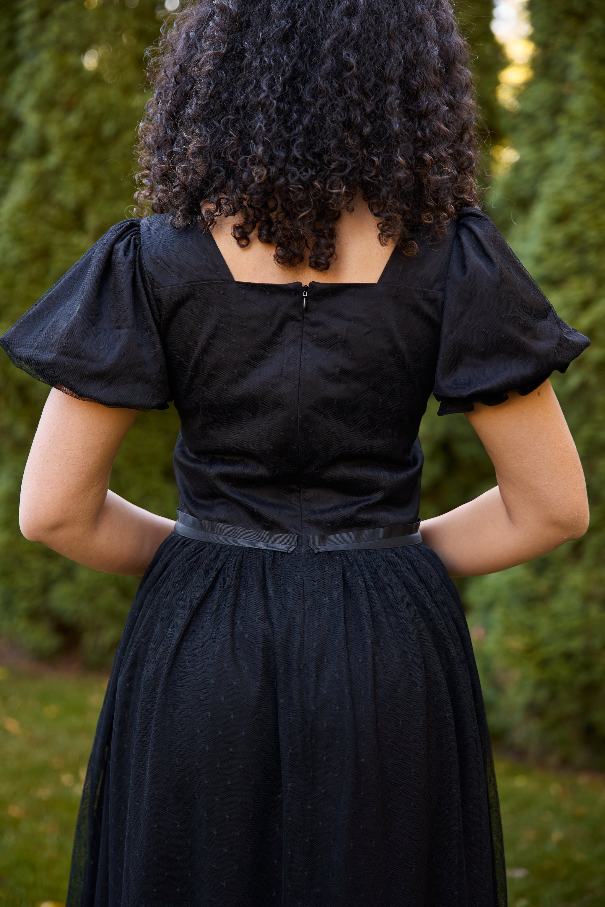 Triolet Dress in Noir | Black Tulle Midi Dress L