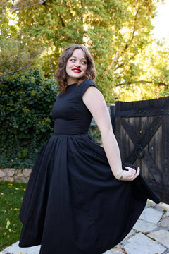 black 50s fit and flare vintage midi 1950s inspired timeless for events holiday party retro tea-length