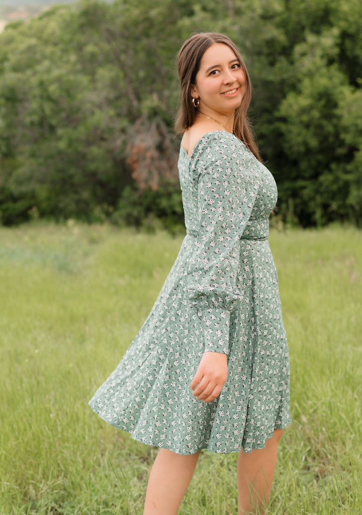 Rispetto Dress in Sea Foam | Long Sleeve Square Neck Dress - Poet Dresses