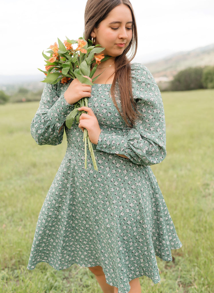 Rispetto Dress in Sea Foam | Long Sleeve Square Neck Dress - Poet Dresses