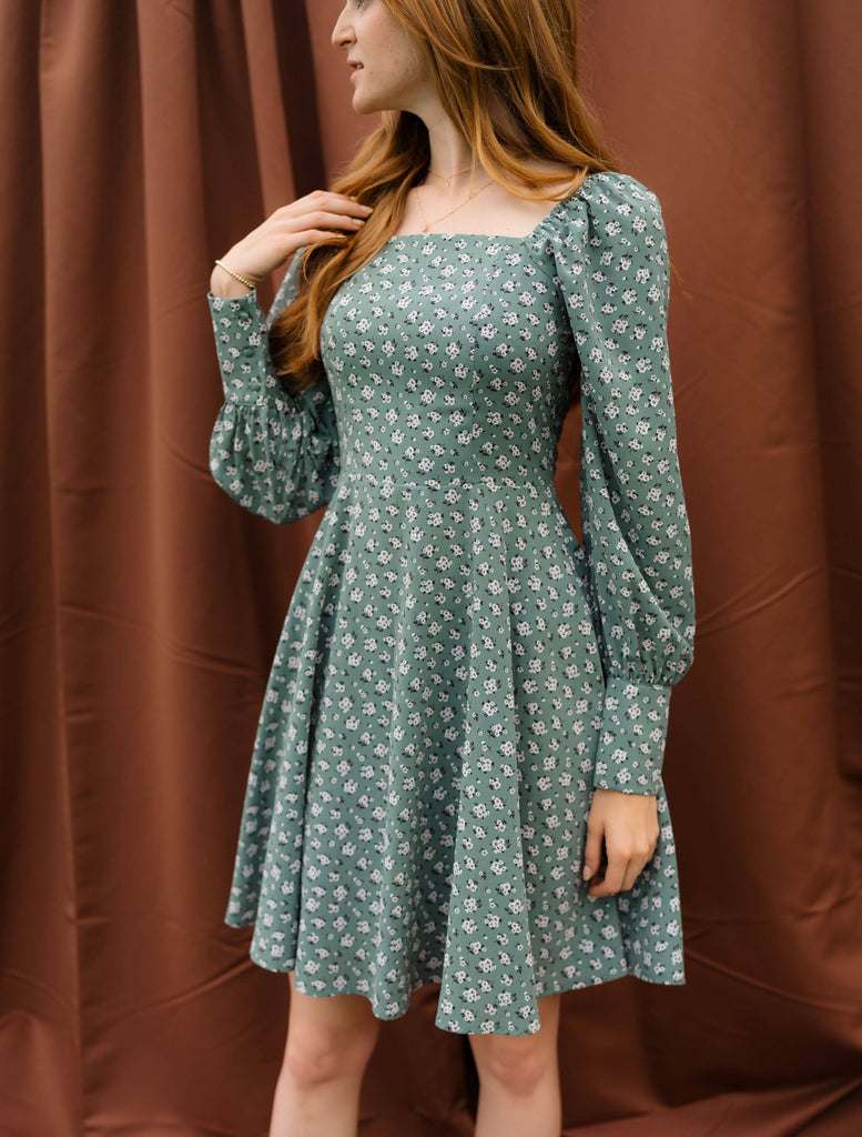 Rispetto Dress in Sea Foam | Long Sleeve Square Neck Dress - Poet Dresses