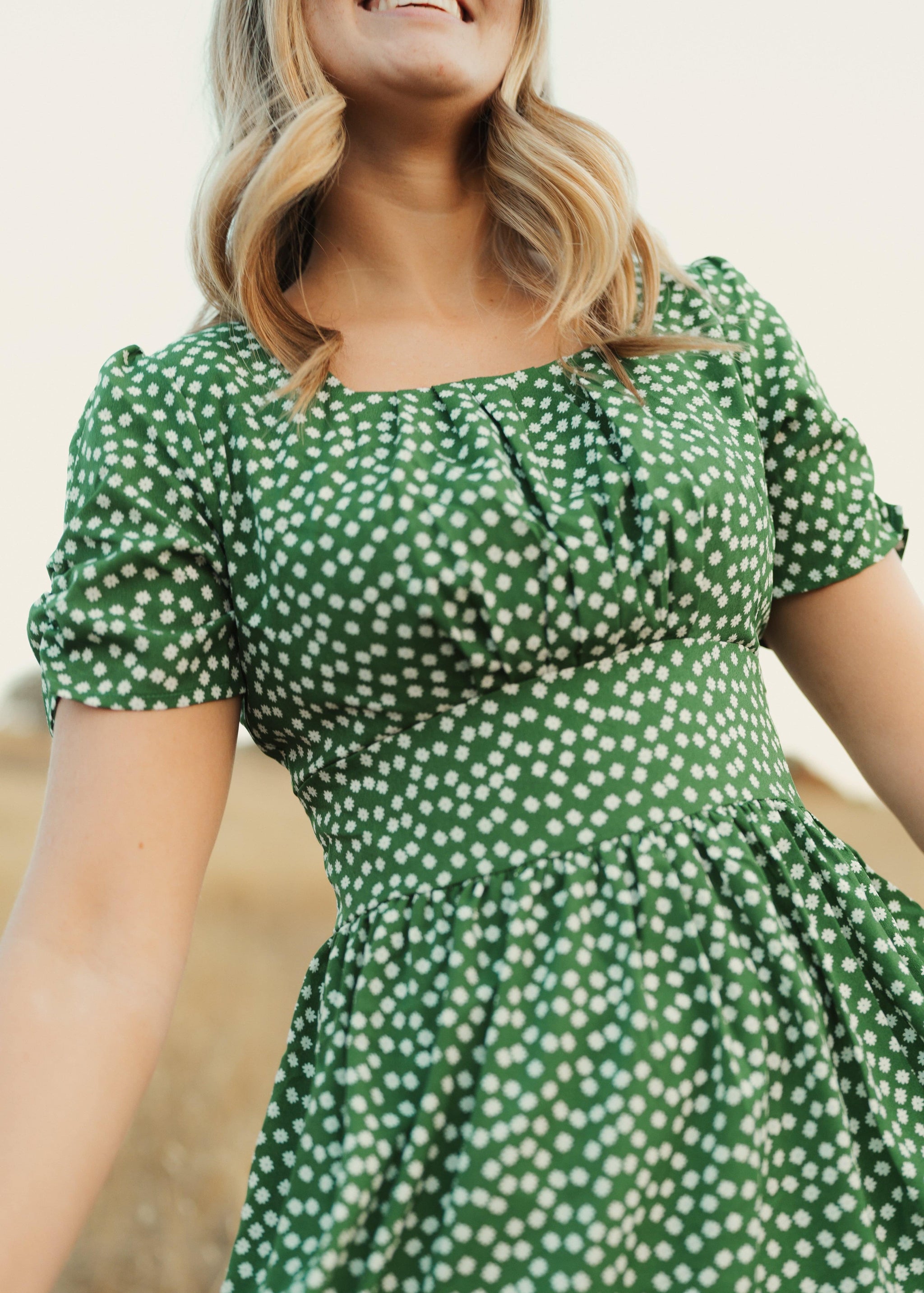 Green Midi Dress | Flowy, Square Neckline | White Flower Detailing XXL Green Midi Dress | Flowy, Square Neckline | White Flower Detailing XXL